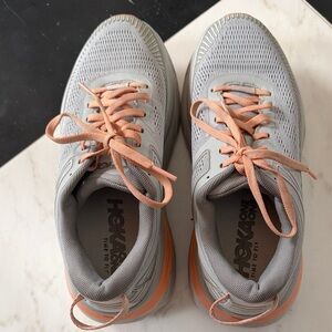 Hoka Women's Light Gray and Peach Sneakers women bondi 8